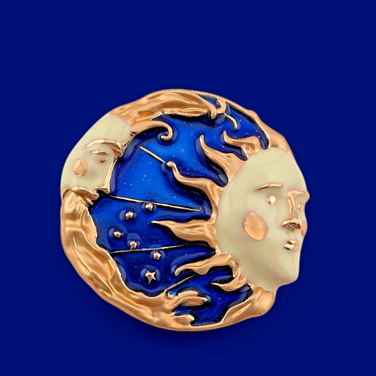 CELESTIAL SUN MOON BROOCH face 90s retro blue, gold- & ivory-tone enamel pin G1