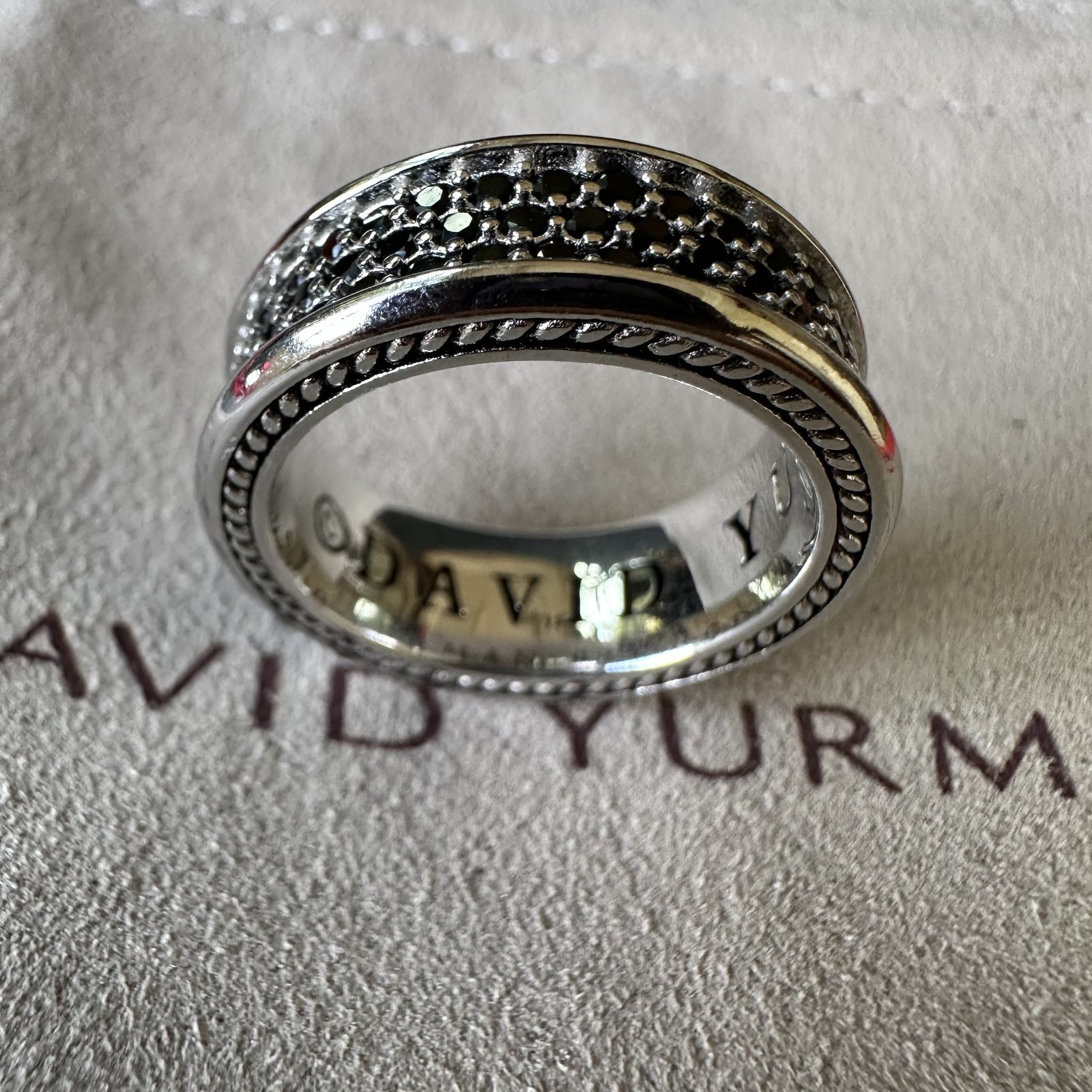 David Yurman Cable Edge Black Diamond Band 925 Silver Streamline Ring SZ 9
