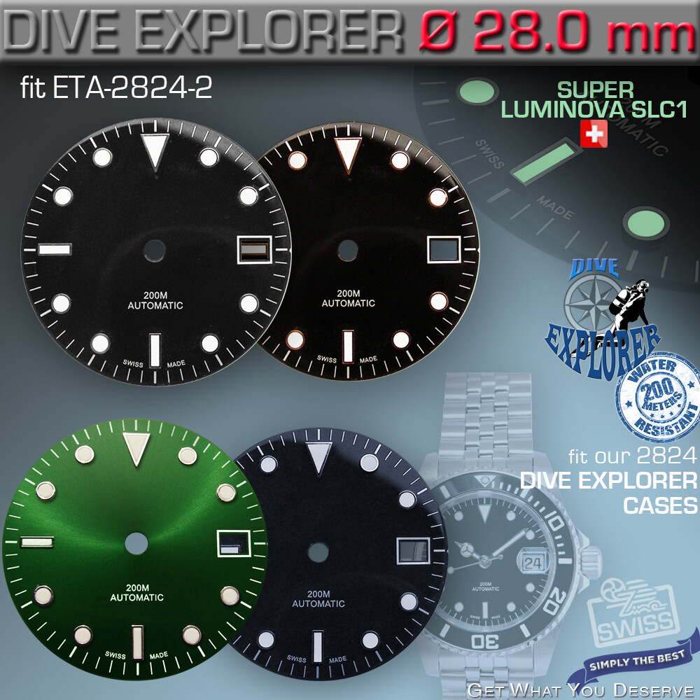 DIVE EXPLORER DIAL, Ø 28 MM fit ETA 2824-2, SW 200, SOPROD PO24, PO92, STP 1-11