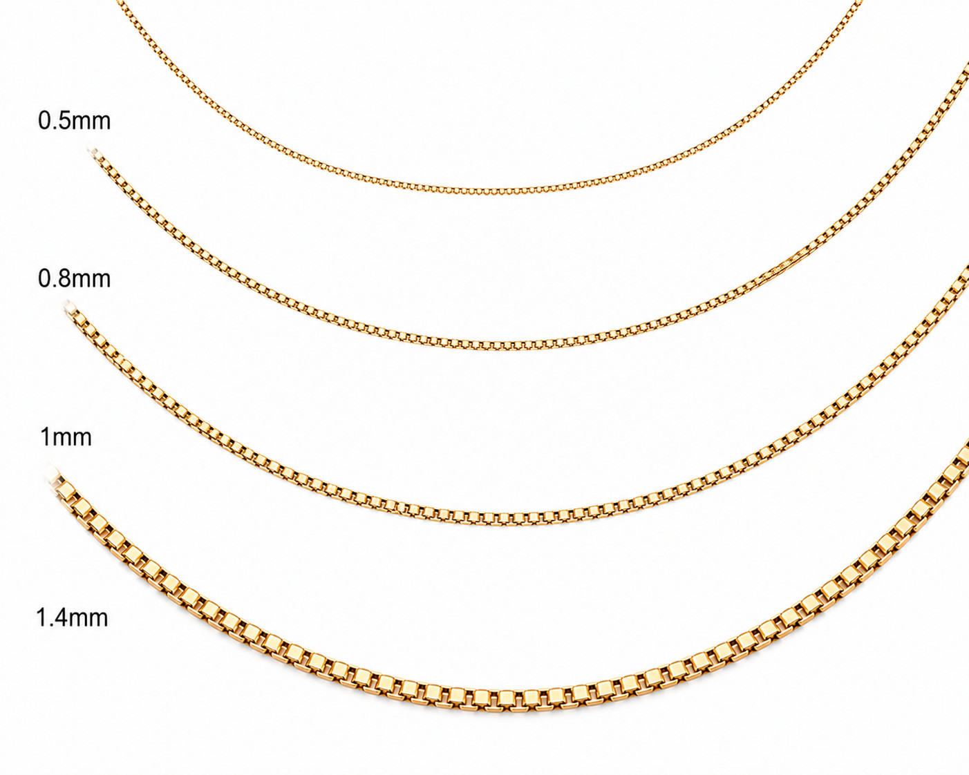 14K Yellow Gold, 0.5mm Box Chain, 16″-24″