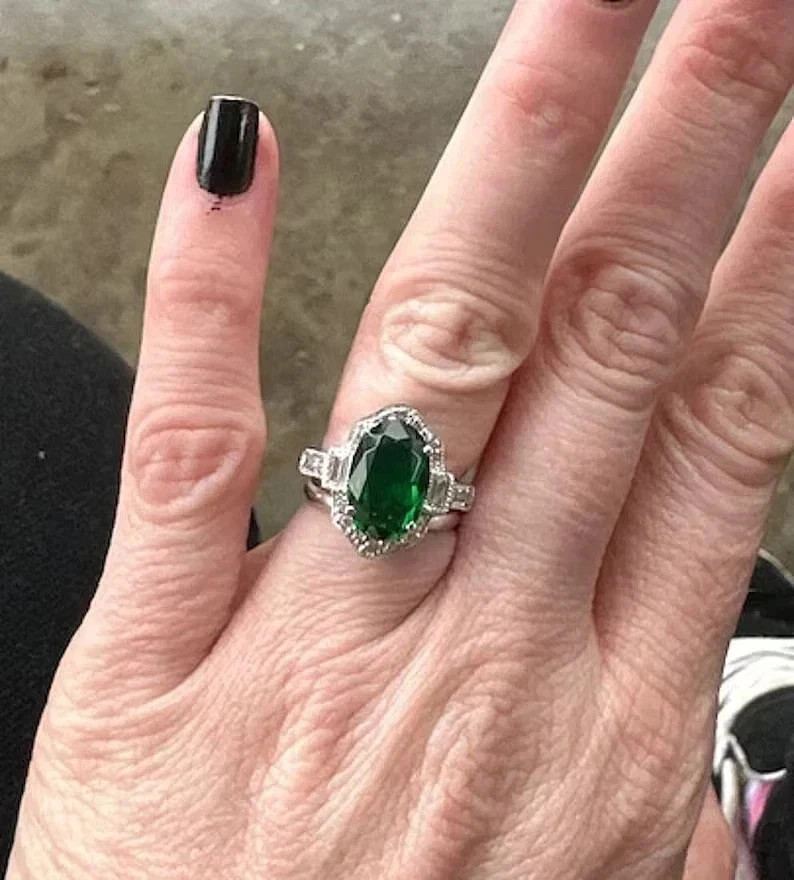 3.65 Ct Oval Cut Natural Emerald Diamond Wedding Ring 14k White Gold