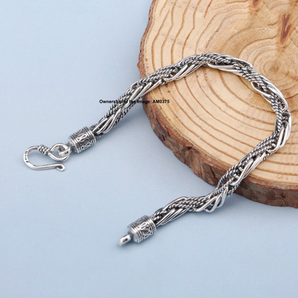Pure 925 Silver Braided Wheat Link Chain Bracelet for Men/Women Vintage Look