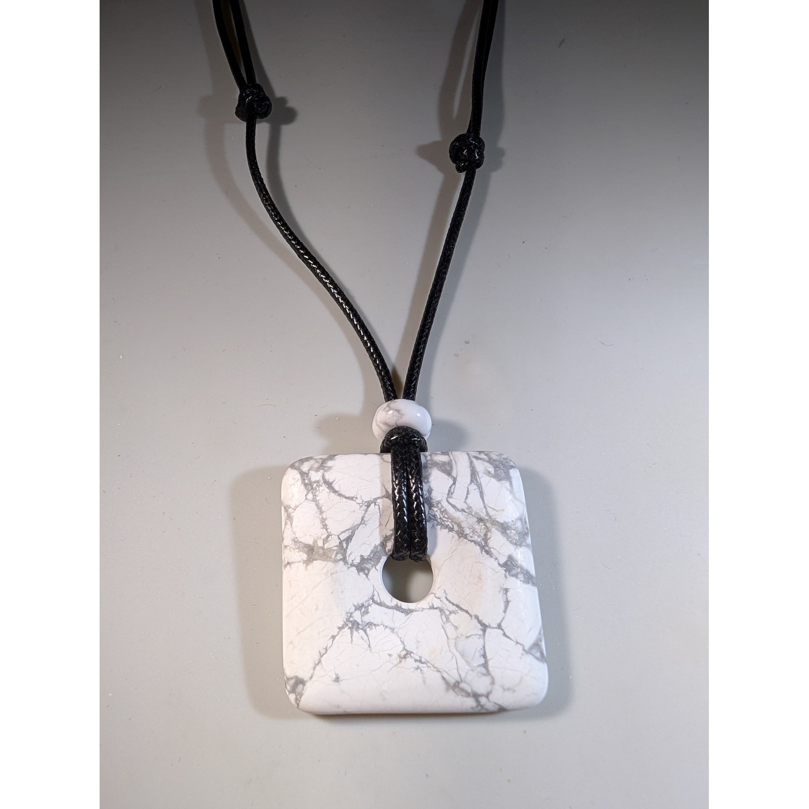 White Howlite Stone Square Pendant Necklace Black Cord Adjustable 14-27in Boho