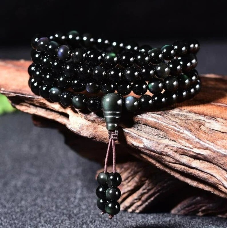 Natural Rainbow Obsidian 108 Mala Beads Necklace Vintage Healing Wrap Bracelet