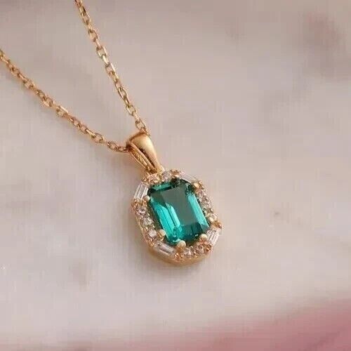2.00Ct Emerald Cut Simulated Green Emerald Flower Pendant 14K Yellow Gold Plated