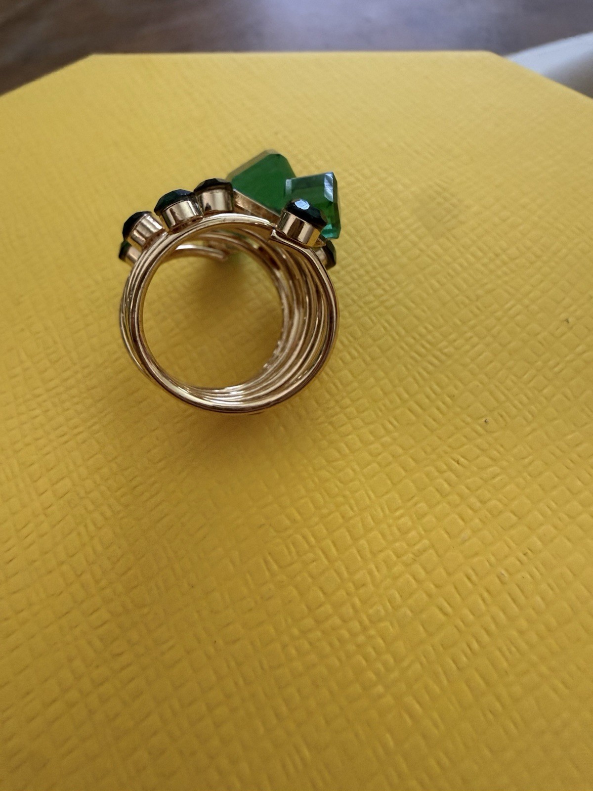 Gold Tone Multi-Band Stackable Statement Ring Green Square Crystal Black Size 7