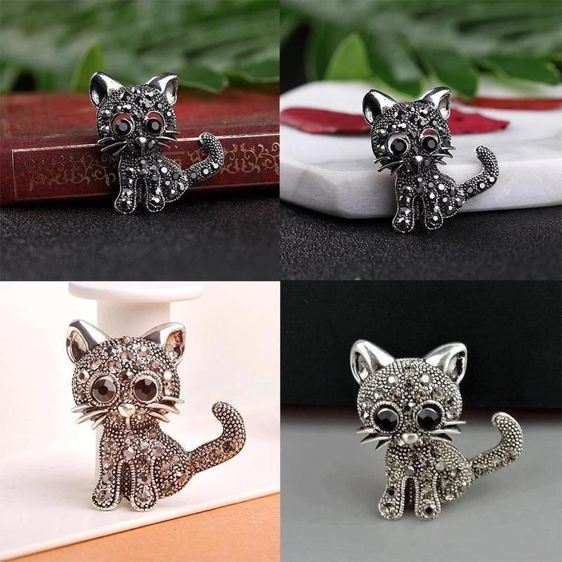1pcs Cute Rhinestone Cat Brooch Pin, Alloy Enamel Animal Brooch for Women