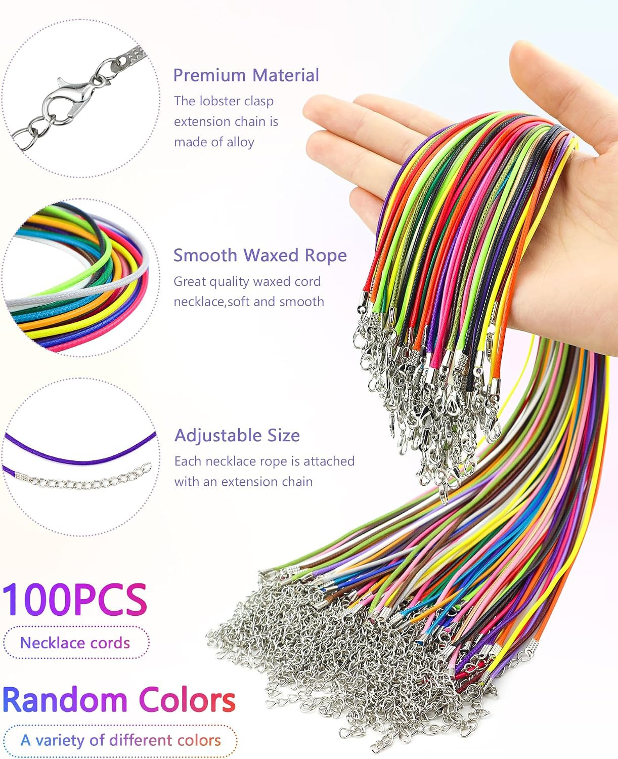 100 Pcs Waxed Necklace Cord, 18 Inch Rope Necklace String with Clasp