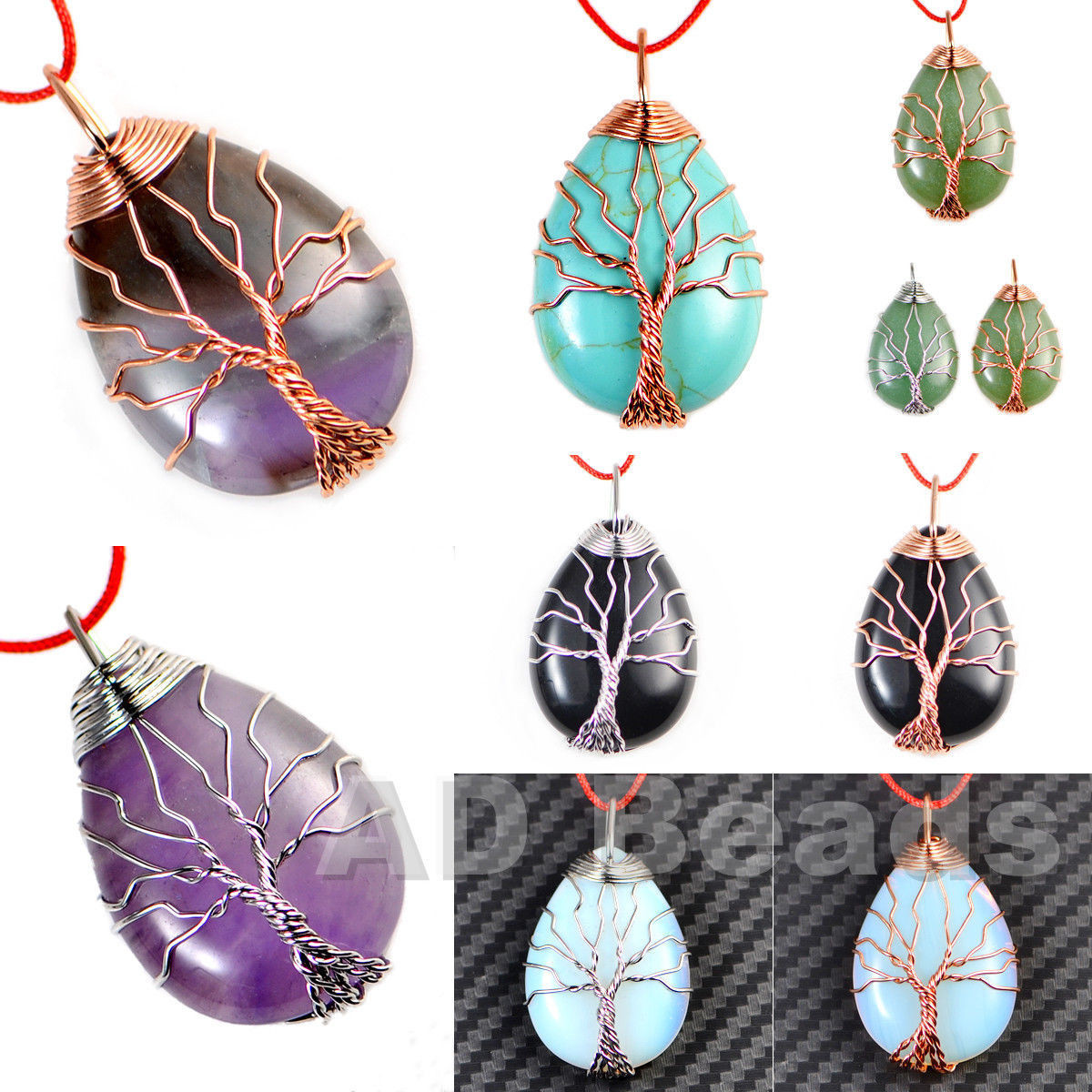 Silver & Rose Gold Plated Wire Wrap Tree of Life Natural Gemstone Reiki Pendant