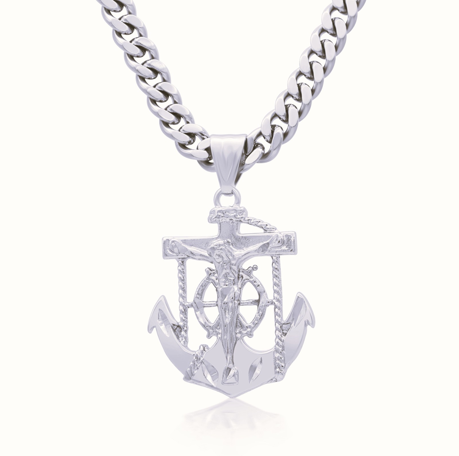 Silver Anchor Necklace 7mm Curb Chain Rhodium Plated For Men