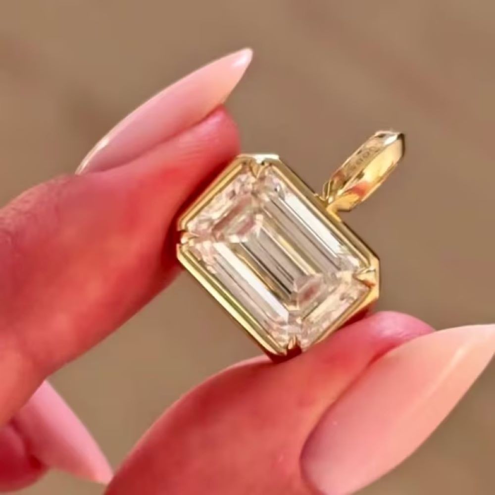 5CT Emerald Cut D Moissanite Women Bezel Charm Pendent In 14k Yellow Gold Plated
