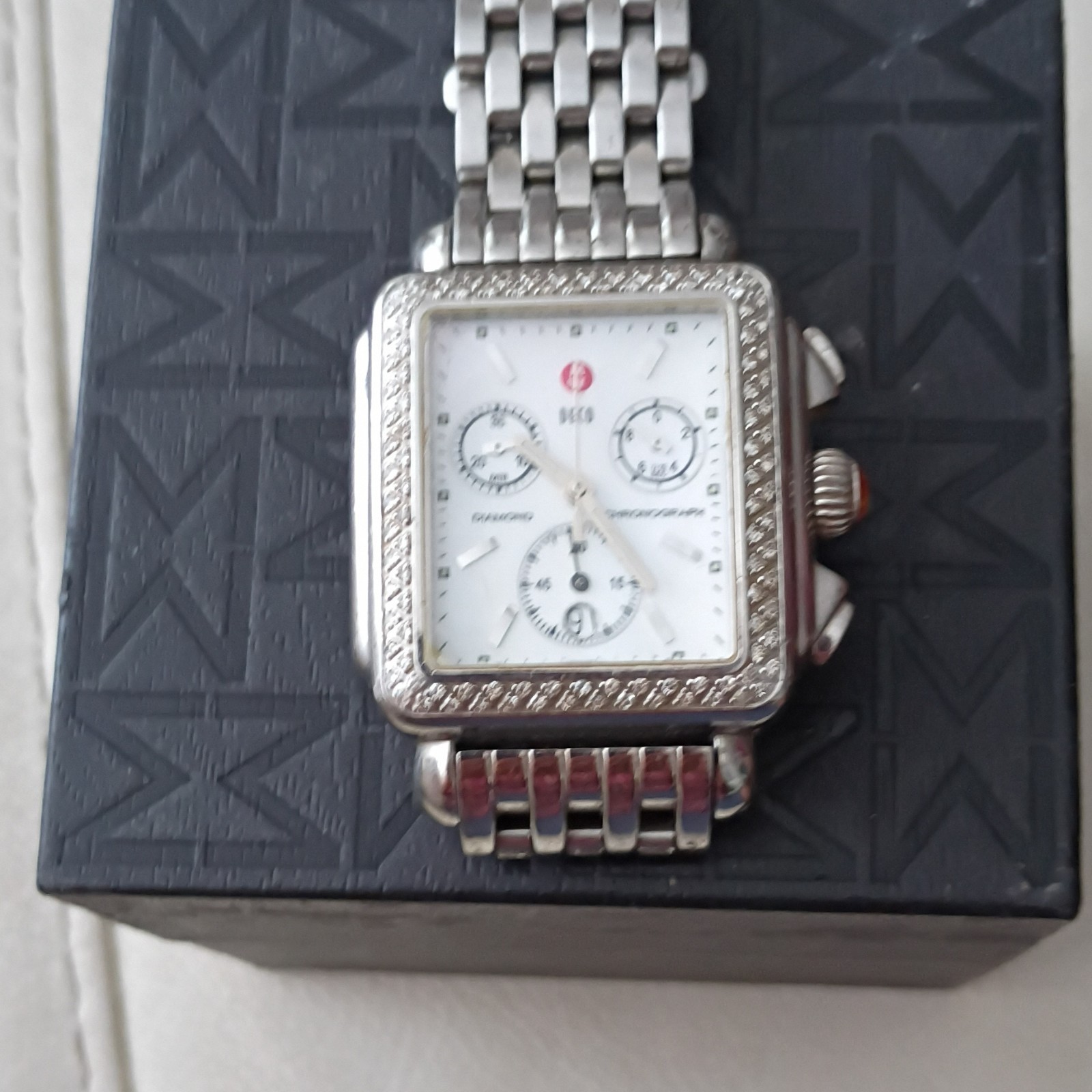 MICHELE Deco Diamond Bezel Chronograph Quartz White Dial 5 ATM SS Bracelet