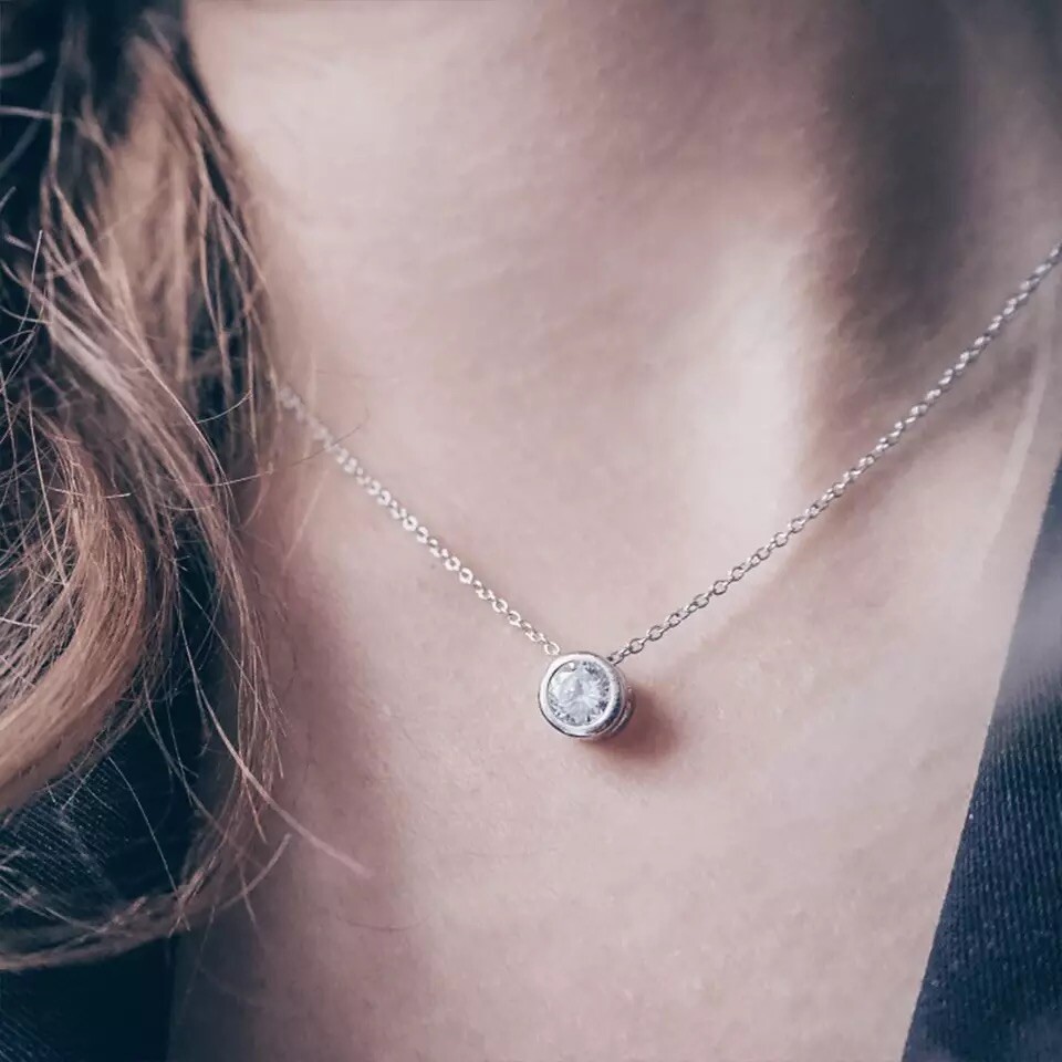 2Ct Bezel Set Solitaire Pendant Necklace Silver Rhodium Plated CZ Crystal N40