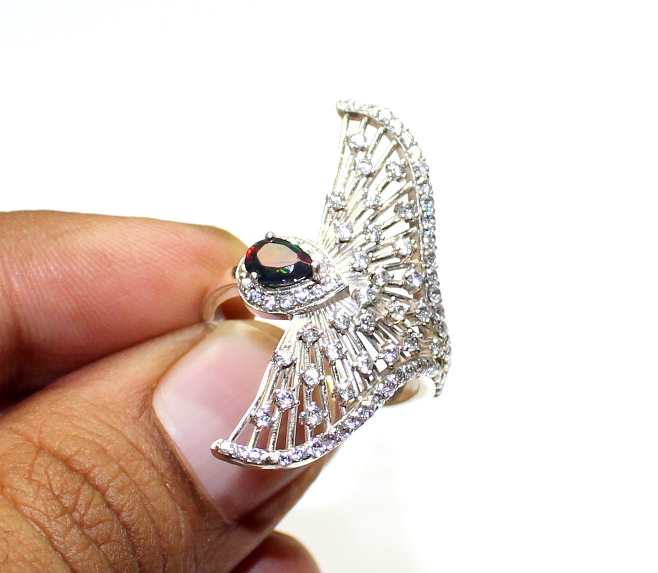 Natural Black Opal Ring, Eagle Wings Sterling Silver Ring, October Birthstone