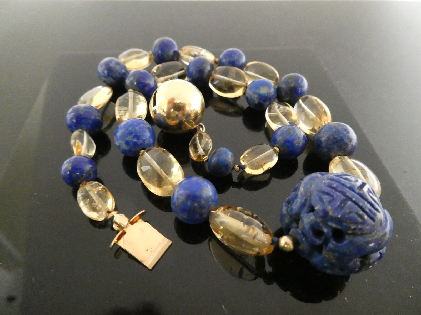 Vintage Lapis Lazuli & Citrine Gemstone Bead Carved Gold Filled Necklace 15.5″