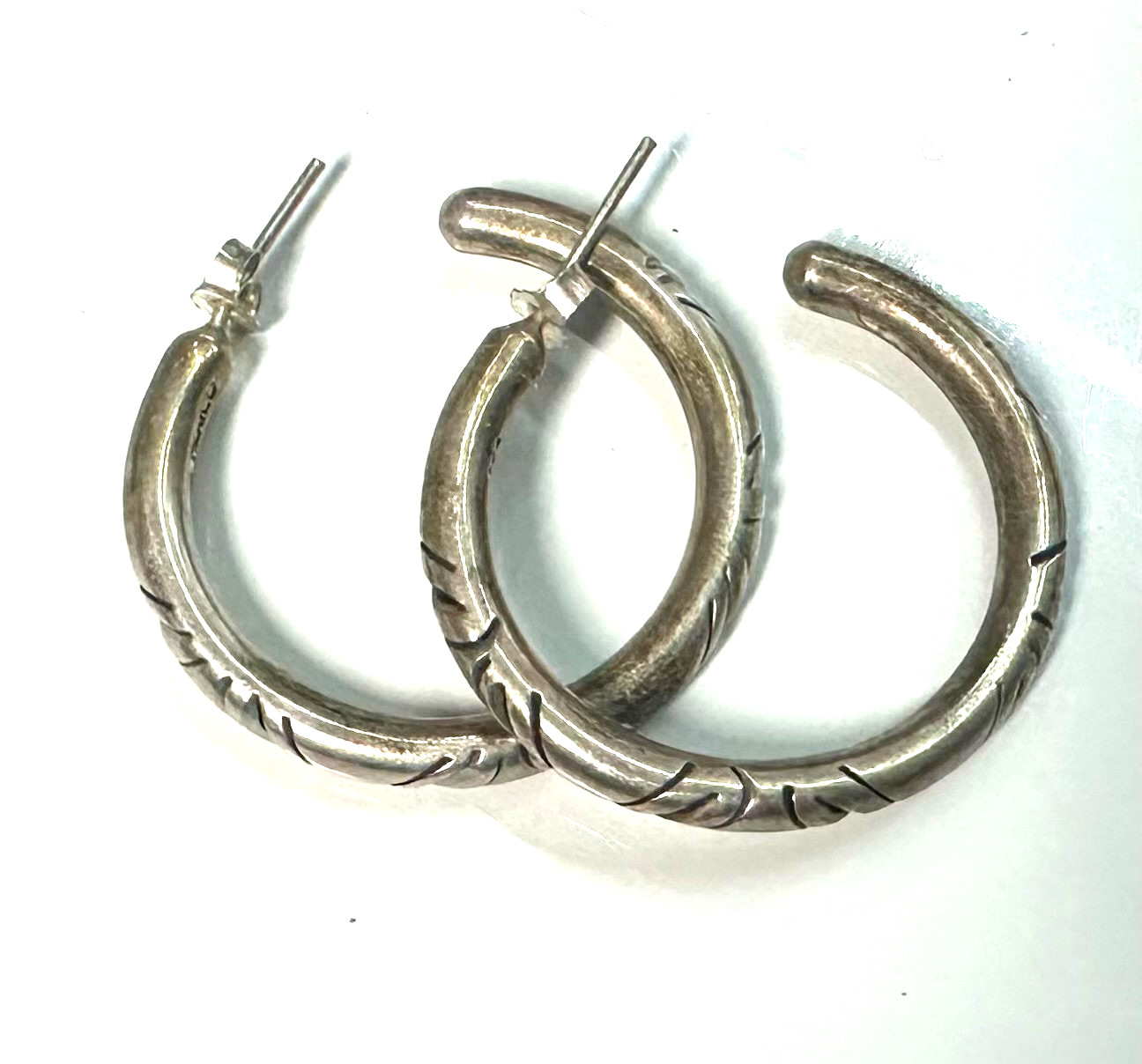 Signed MWS Mexico Hoop Earrings 925 Large Etched Hoops Sterling Silver 925 #10