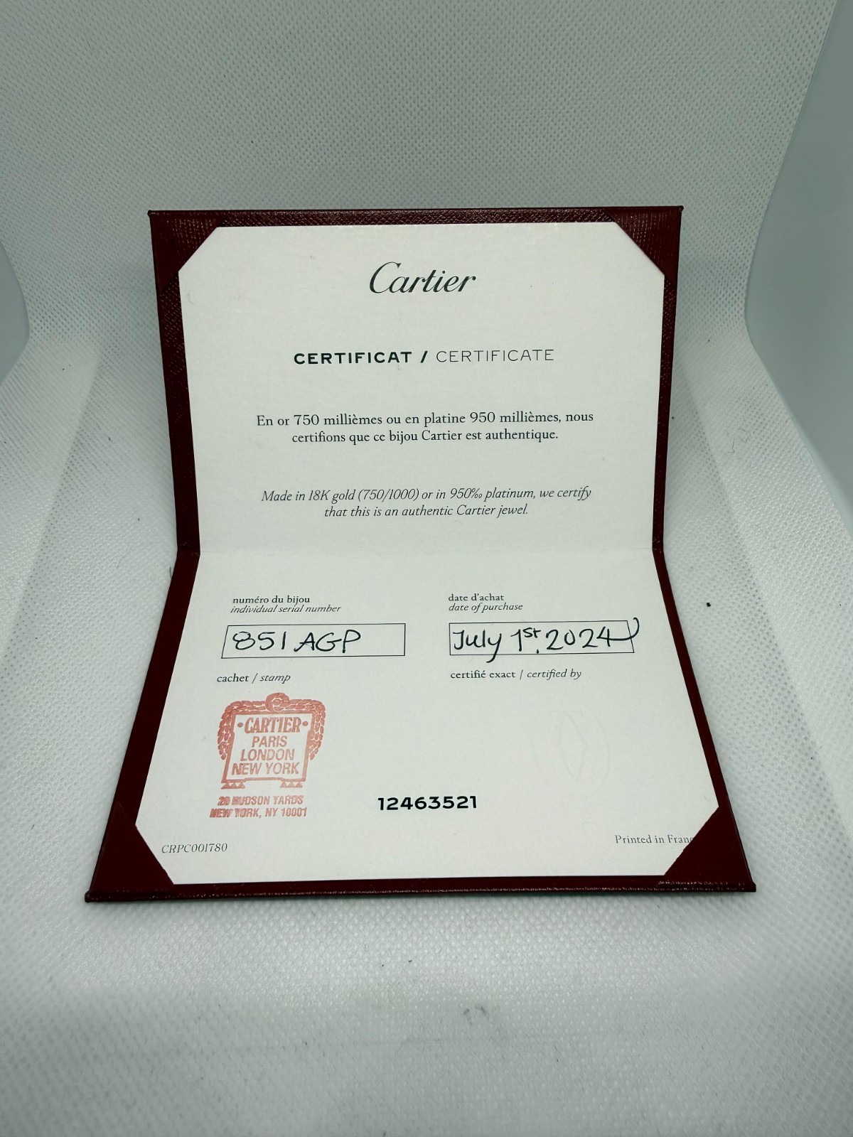 Cartier Guarantee Certificate Warranty 18k gold750/1000 platinum