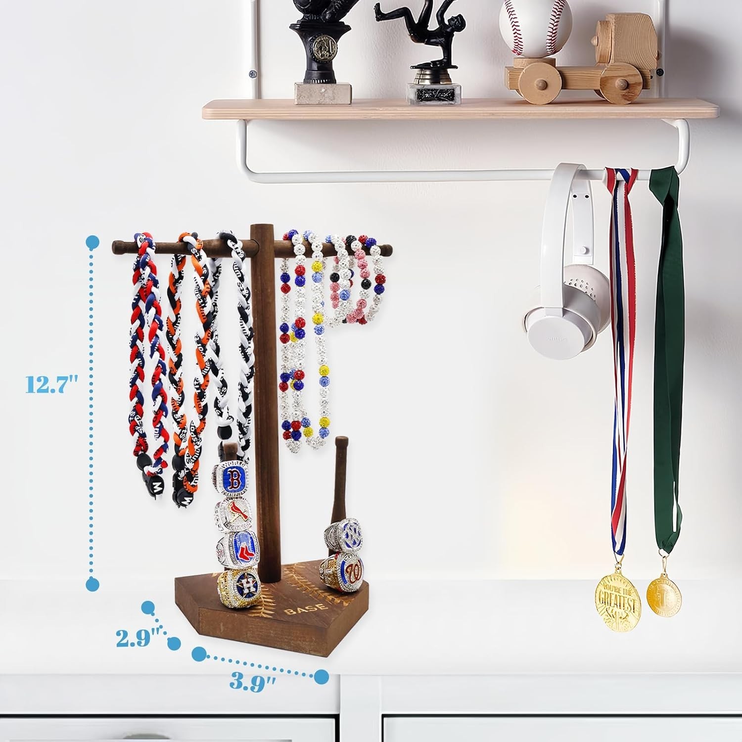 Wooden Baseball/Softball Drip Necklace Organizer Holder Championship Ring