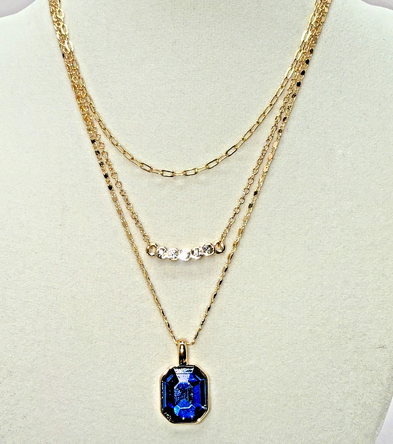LC Lauren Conrad Gold Layered Paperclip Chain Necklace Set Blue Stone Pendant