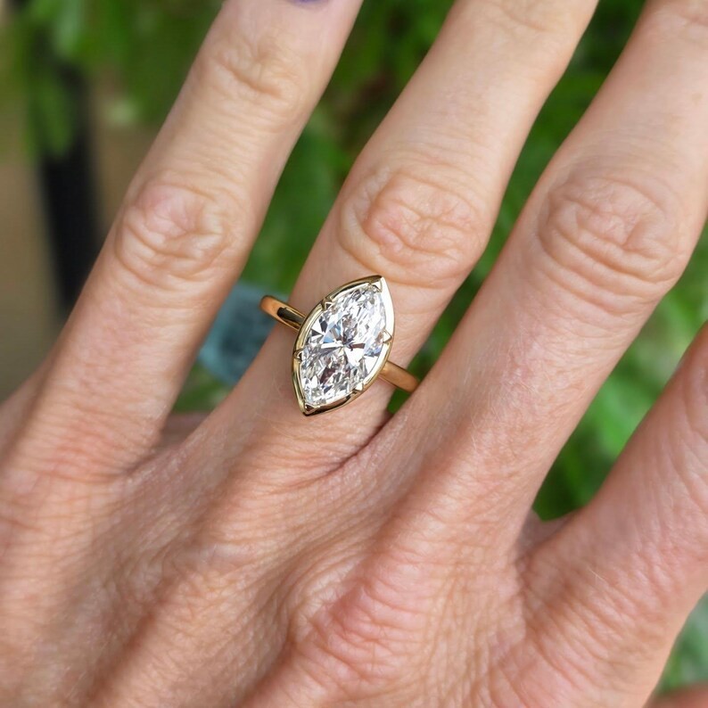 2.00 Ctw Marquise Moissanite Bezel Engagement Ring 14k Yellow Gold Plated