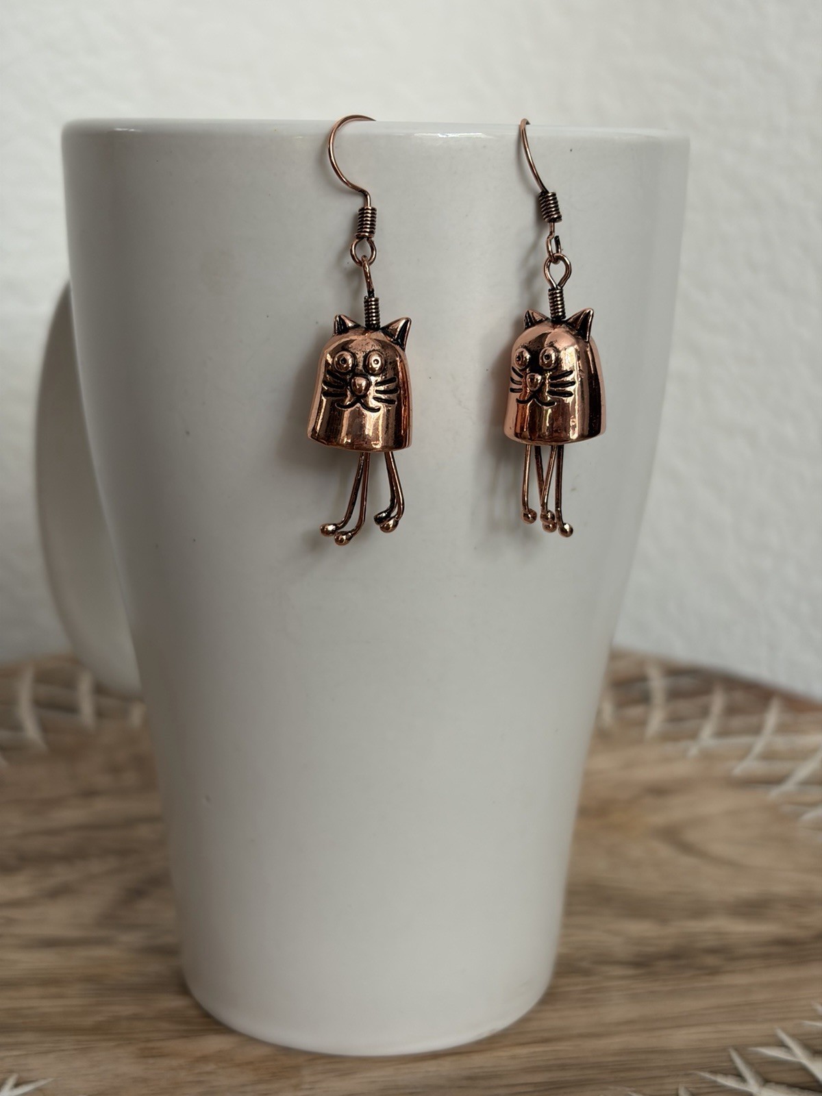 Rose Gold Tone Cat Dangle Hook Earrings Cute Kitty Animal Lightweight