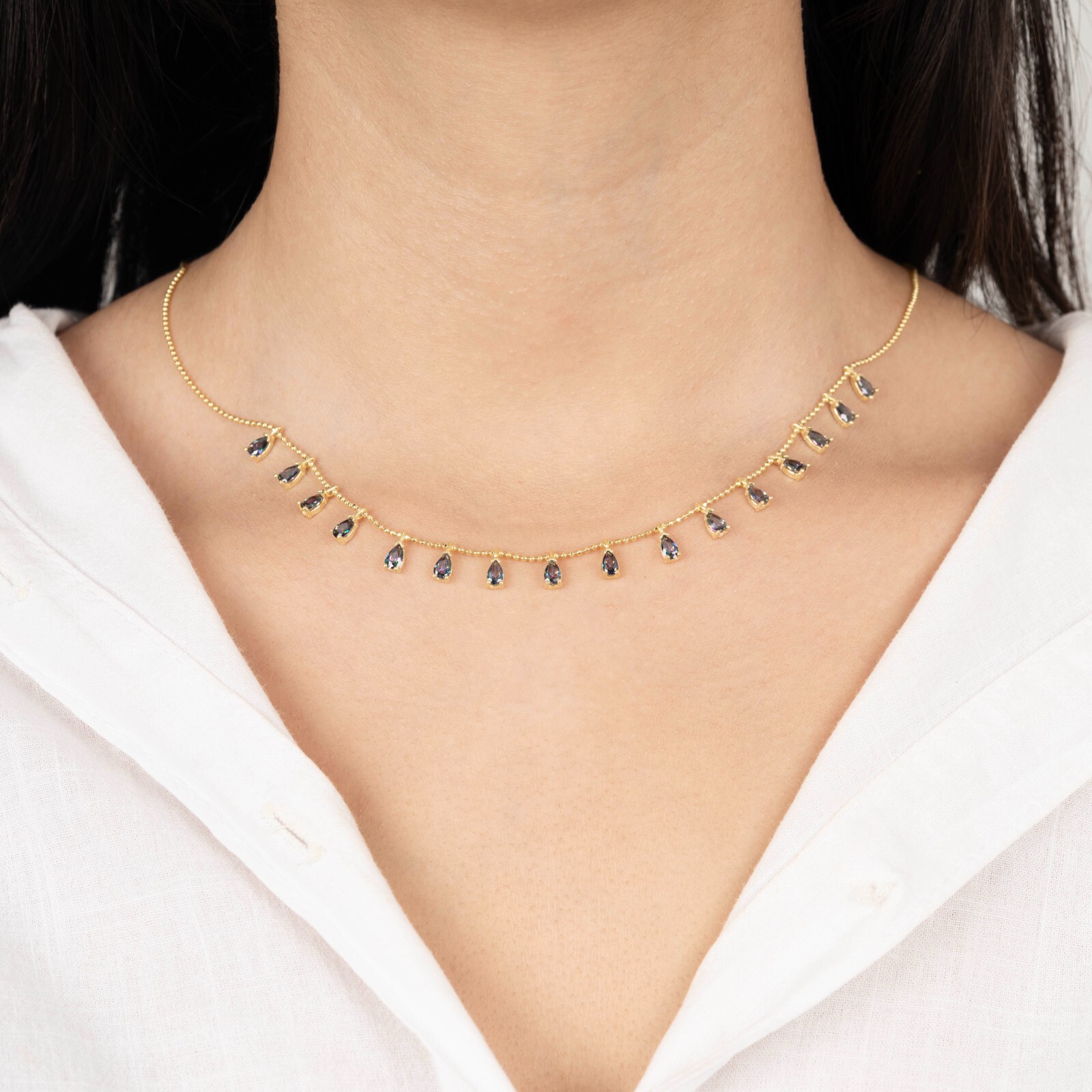 14k Gold Teardrop Alexandrite Station Necklace, Gemstone Birthstone Necklace Her