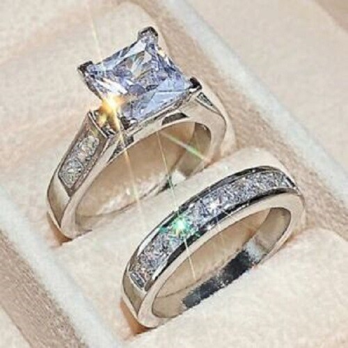 Princess Cut Lab-Created Diamond Wedding Band Bridal 925 Silver Gift Ring Set