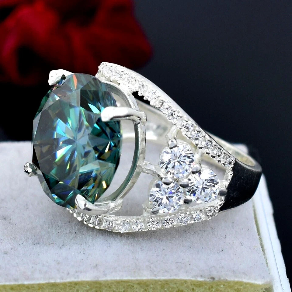 certified 8.40 Ct Treated Round Cut Blue Diamond Solitaire Ring In 925 Silver