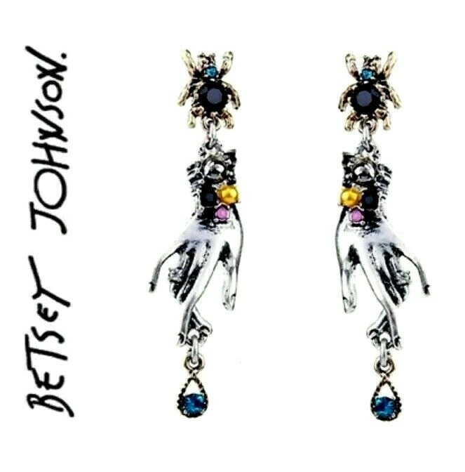 US Seller Betsey Johnson Retro Rhinestone Spider Water Drop Hand Earring Jewelry