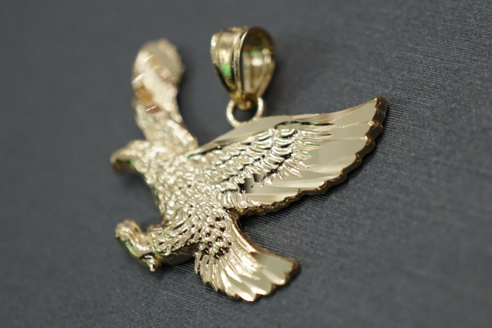 14K Solid Yellow Gold High Polished Diamond Cut Eagle Charm Pendant.