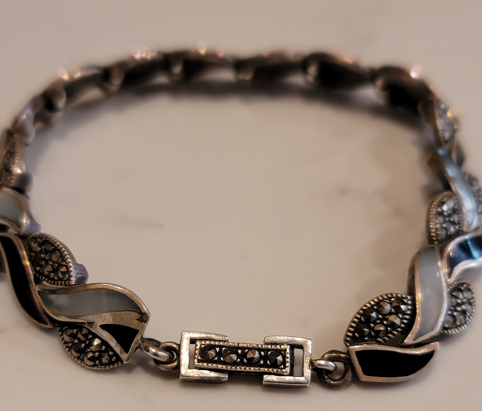 Vintage Stg Silver Art Deco Style Bracelet – Mother of Pearl Onyx Marcasite 21g