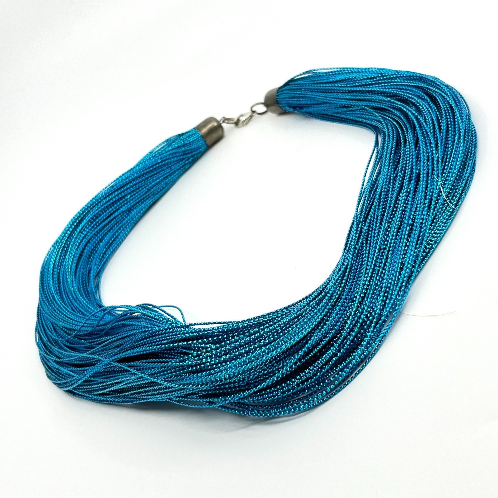 Vintage Retro Multi-Strand Blue Silk Thread Shimmer Choker Necklace Teal Boho