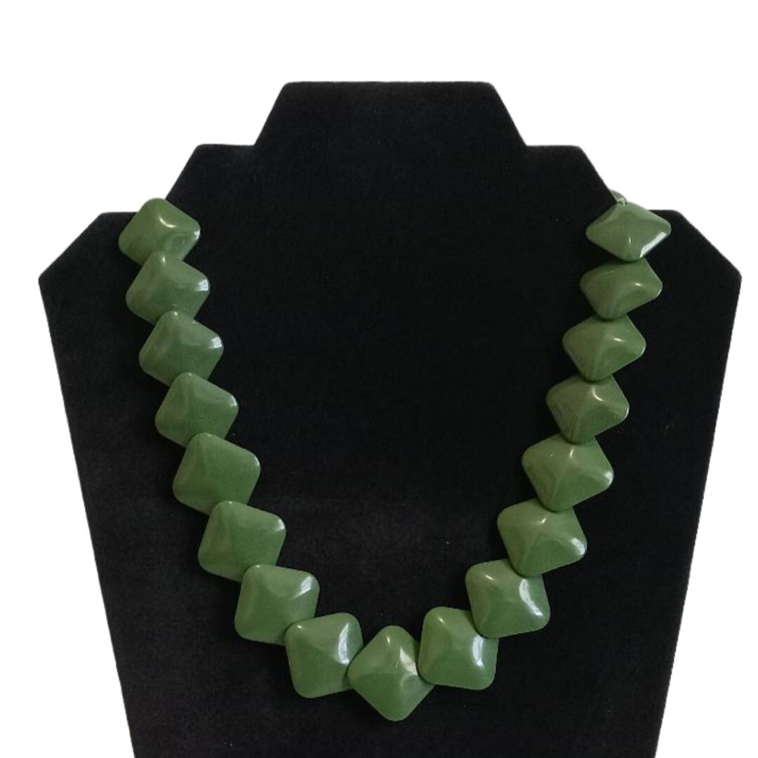 Green Square Beaded Lightweight Mid Century Modern Art Deco Statement Necklace