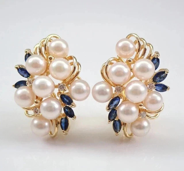 Natural White Pearl 3Ct Round Cut Vintage Stud Earrings 14K Yellow Gold Plated