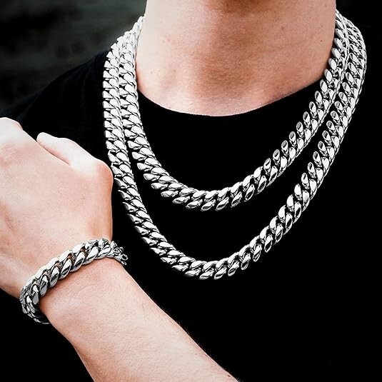 100% Stainless Steel White Gold Plated Miami Cuban Link Chain Bracelet 8MM-14MM