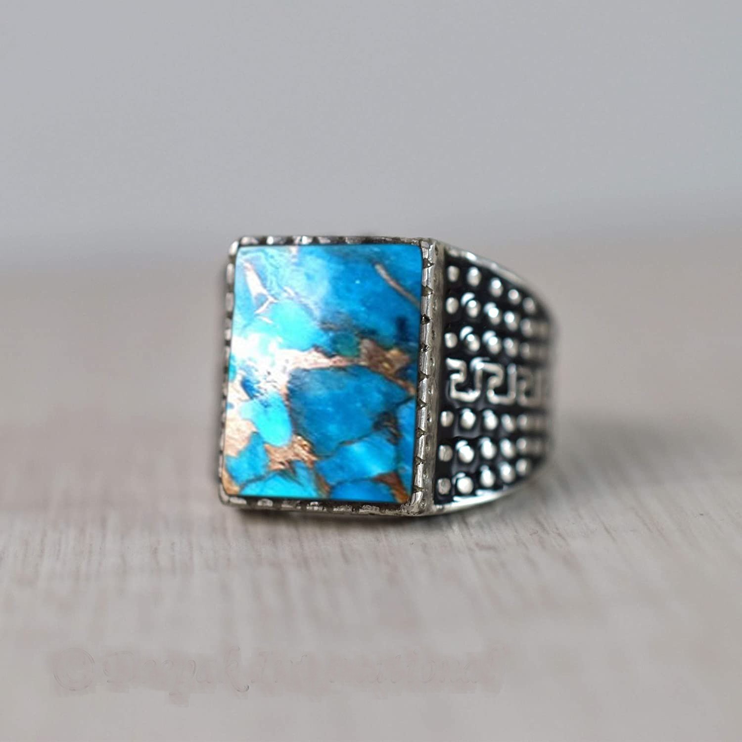 Solid 925 Sterling Silver AA Natural Copper Turquoise Gemstone Men’s Unisex Ring