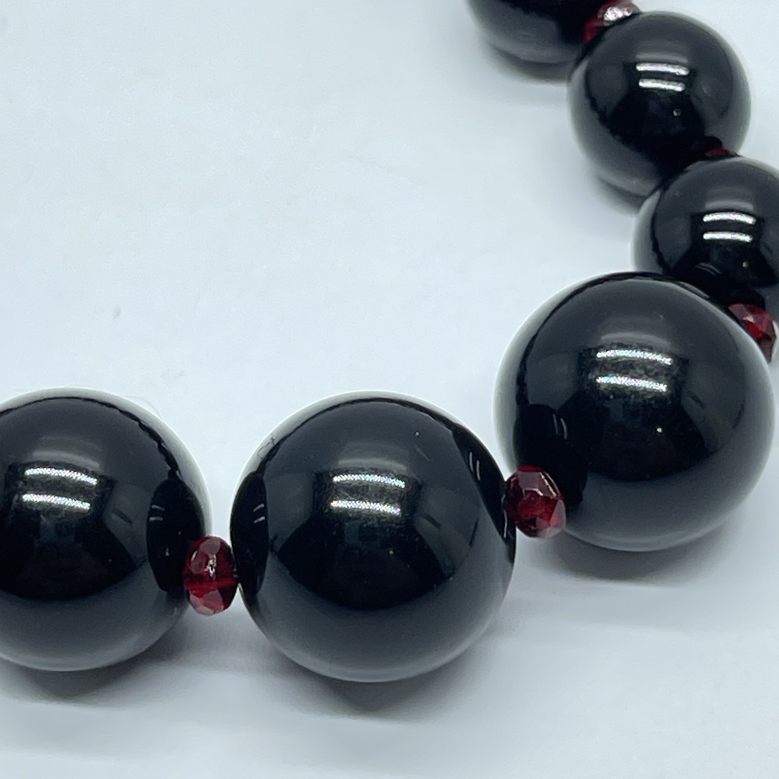 Gothic Black Beaded Necklace Graduated Bead Ruby Red Crystal Spacer Silver Tone