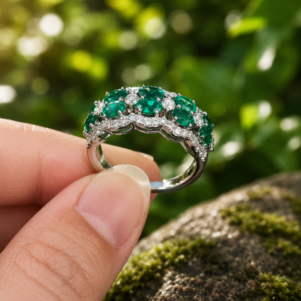 2.60Ct Oval Lab Created Green Emerald Wedding Band Ring 14K White Gold Plated