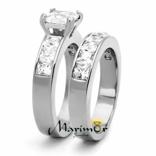 Stainless Steel Wedding Ring Set 3.75 Ct Princess Cut AAA CZ Women’s Size 5-11