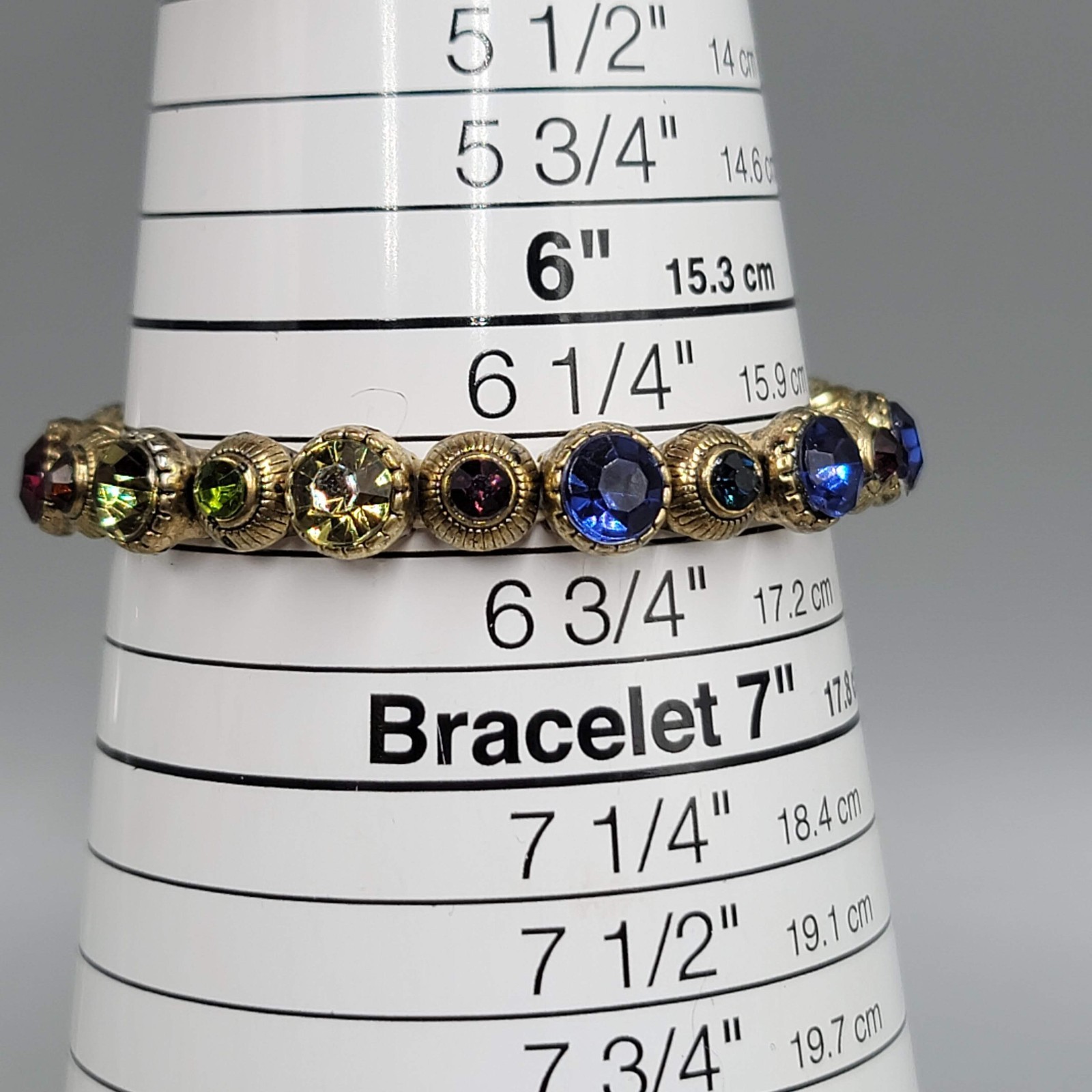 Multicolor Round Rhinestone Bracelet Gold tone Elastic 6.5 in