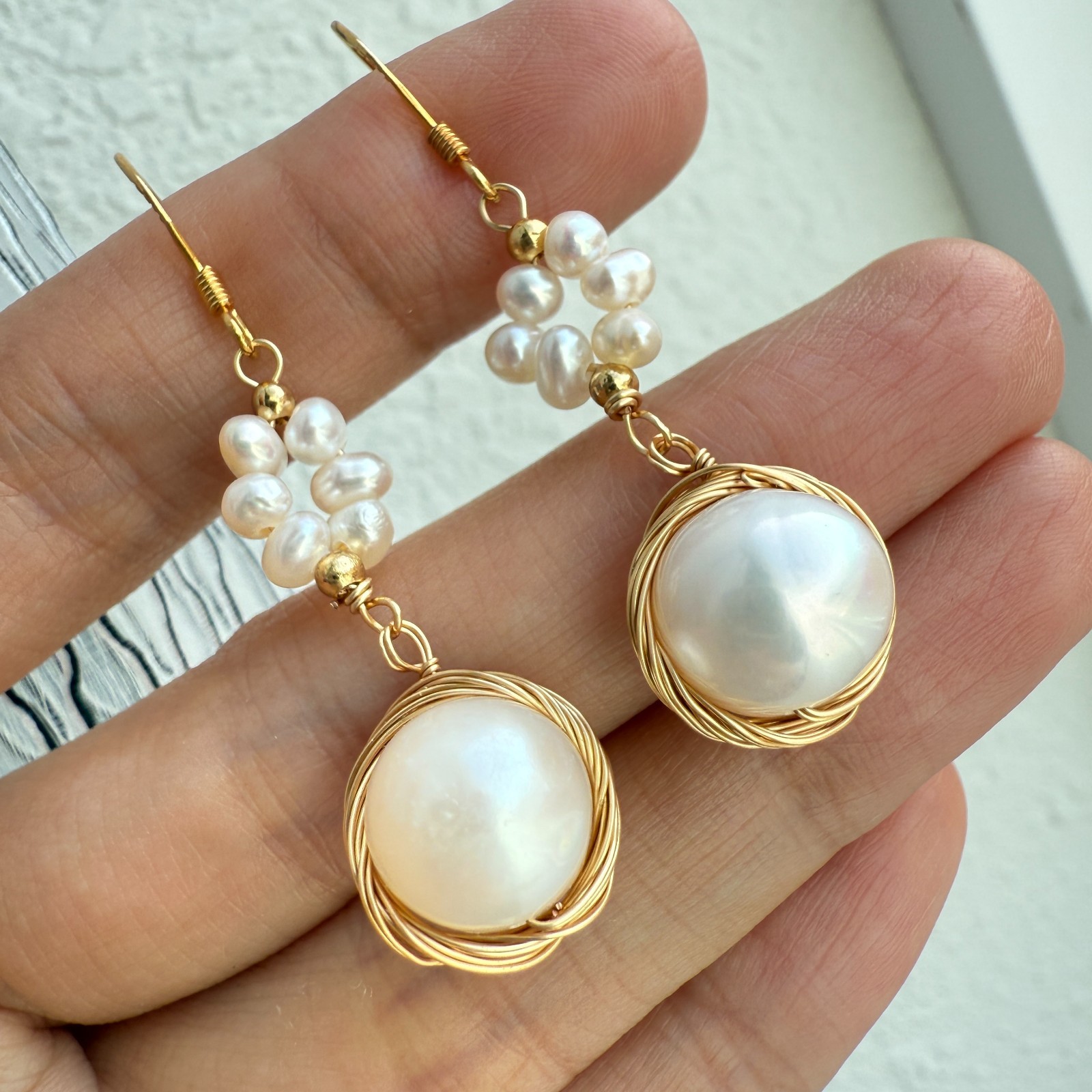 Natural Freshwater Pearl Earrings 925 Sterling Sliver Wire Wrapped Handmade Drop