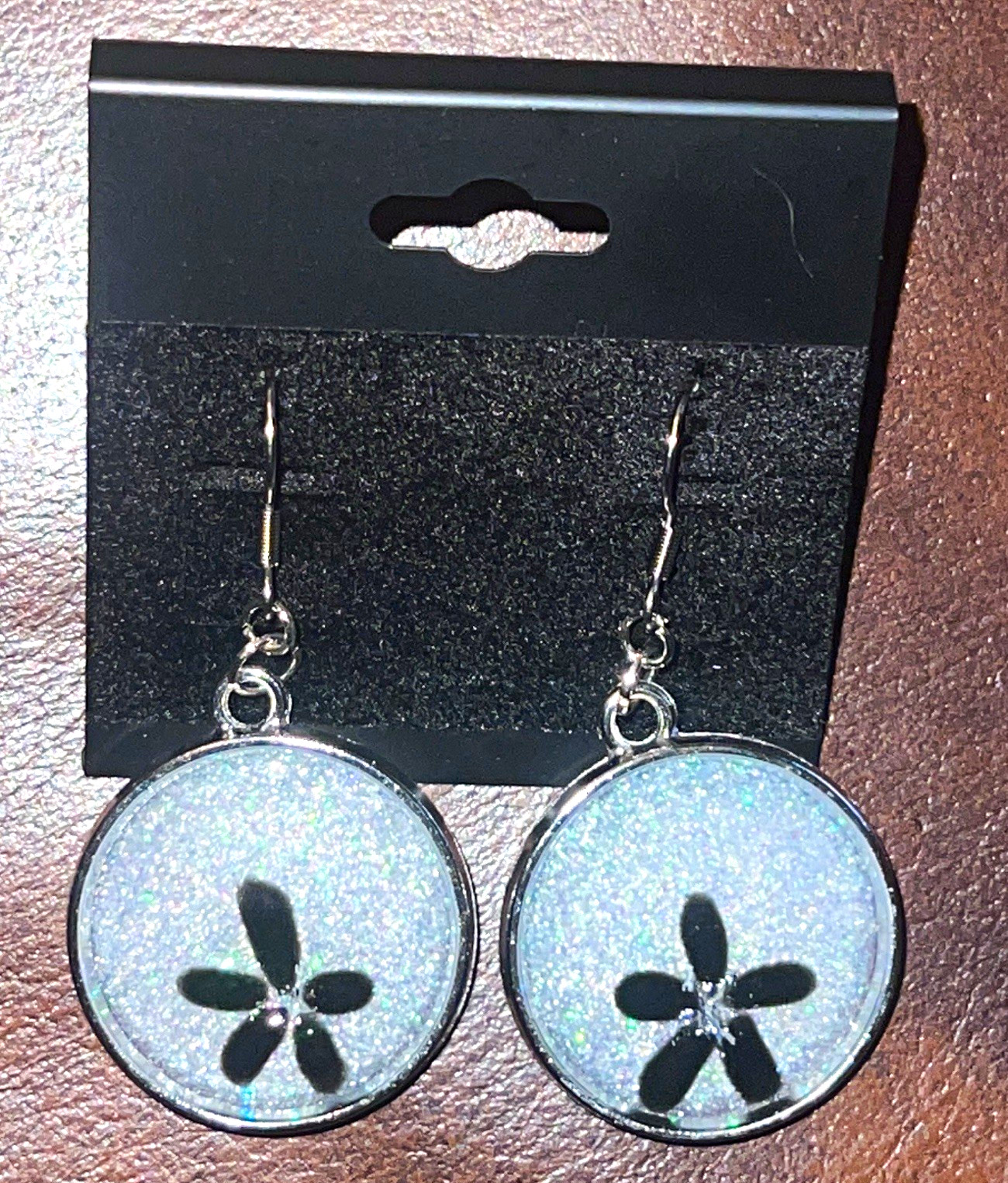 Silver Tone Metal Round Disc Dangle/Drop Earrings Hook Blue Glitter Black Flower