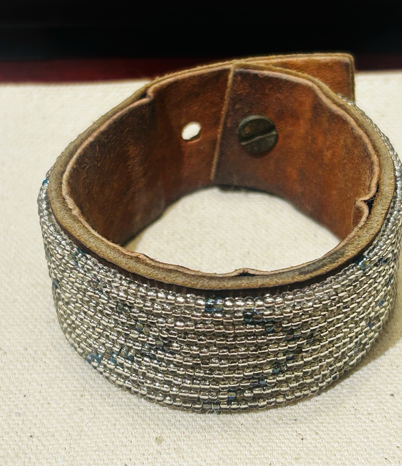 Beaded Silver And Slate Medium Width Ombré Leather Cuff Made In Tanzania