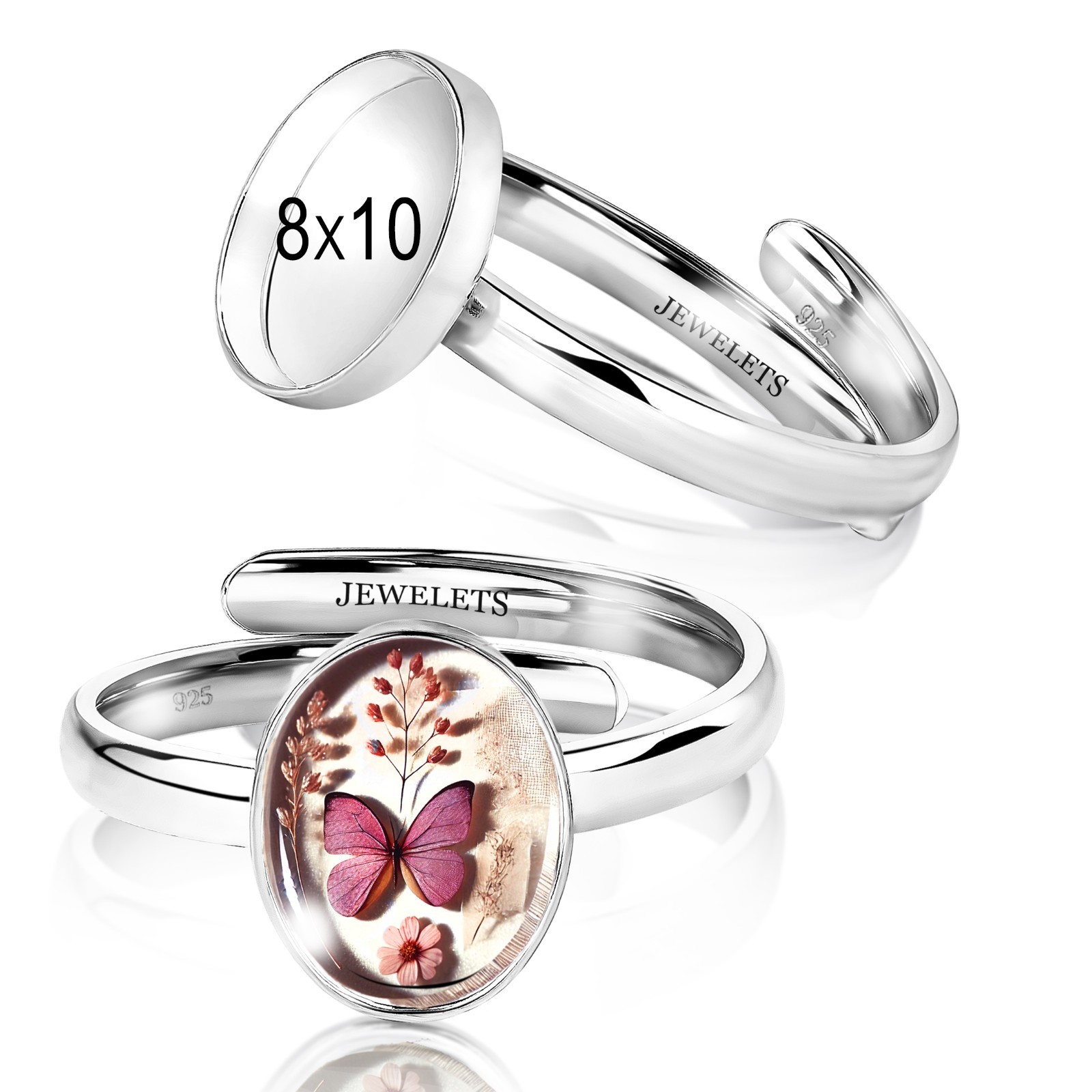 Silver 8x10mm Ring Blank – Oval Bezel Cup Adjustable Band – DIY Resin & Memory