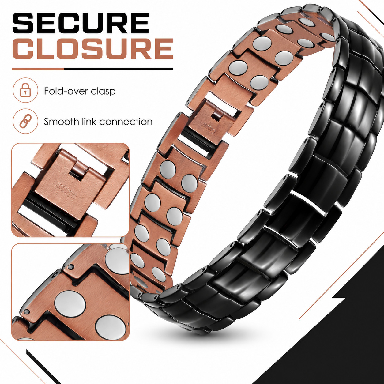 Double Sided Black Copper Magnetic Bracelet for Men Adjustable Pain Relief Arthr