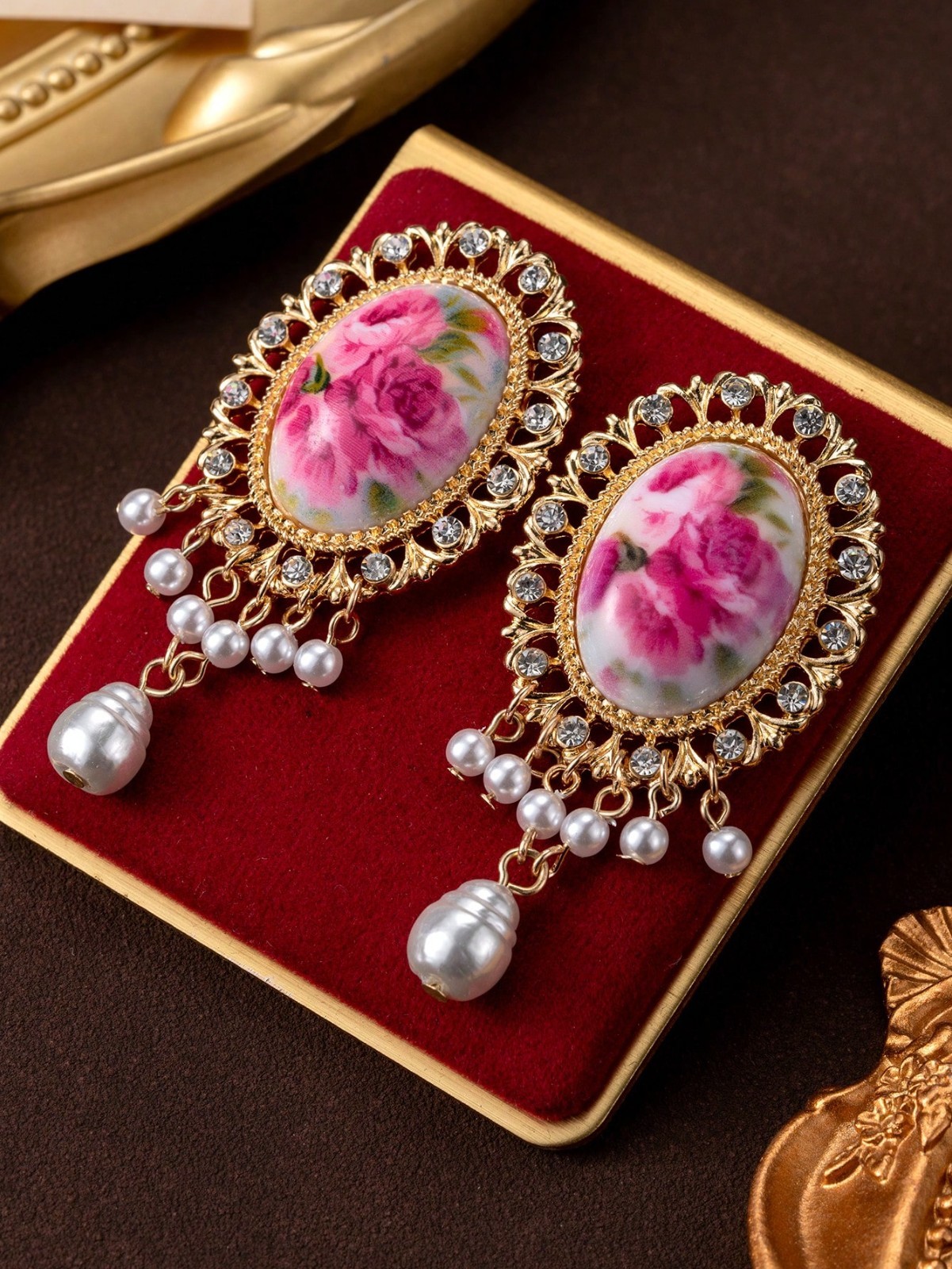 Vintage Floral Cameo Pearl Dangle Earrings Gold Rhinestone Statement Jewelry