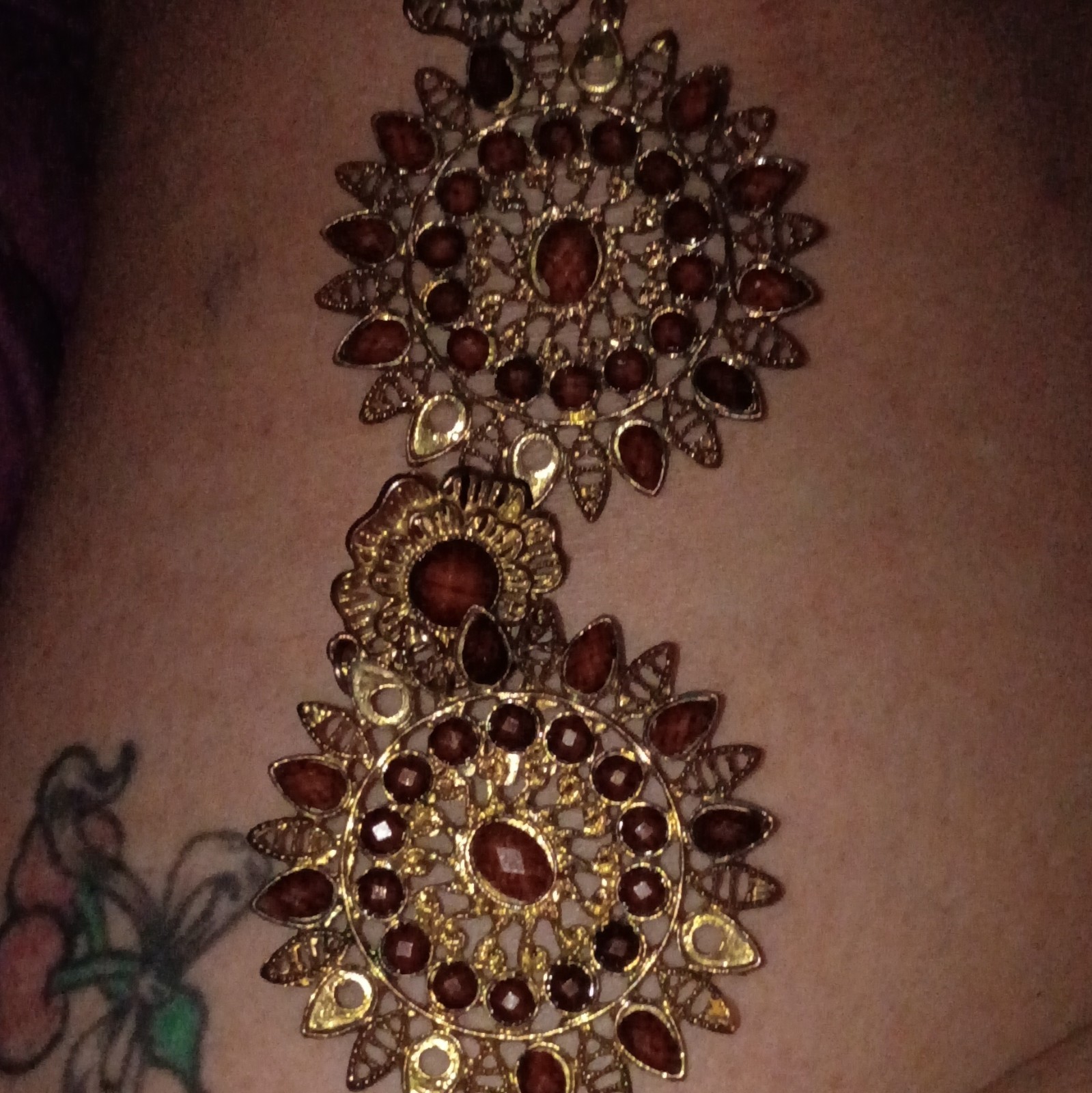 Gold Tone Flower Dangle Drop Earrings Brown Teardrop Crystal Post