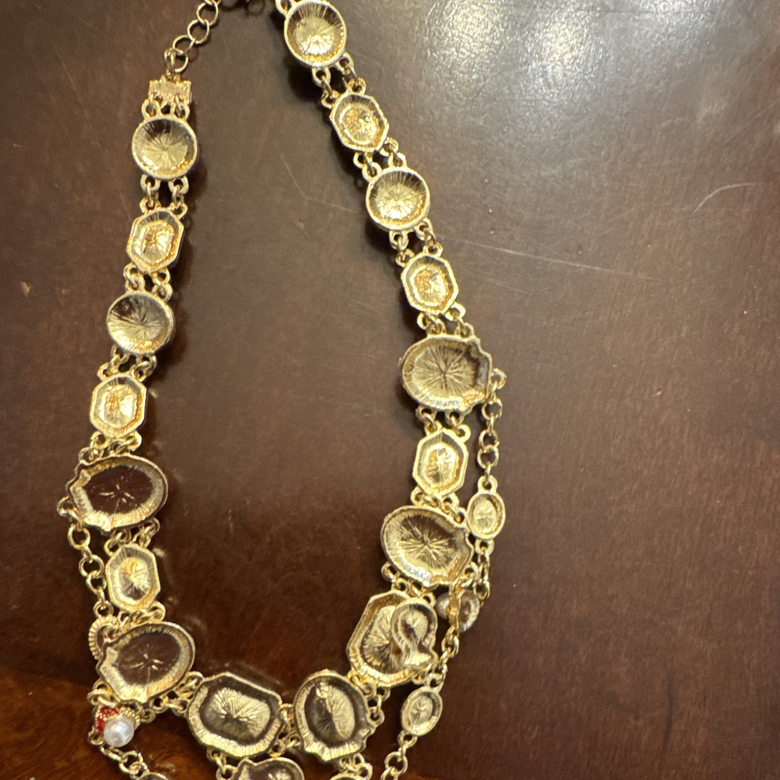 Gold Tone Statement Multi-Strand Necklace Simulated Pearls Crystal Teardrop