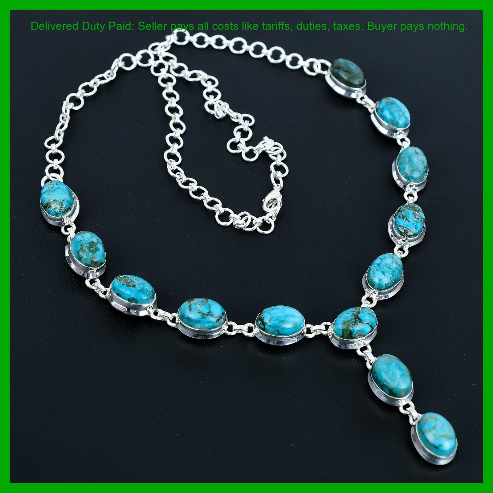 925 Sterling Silver Oval Natural Tibetan Turquoise Unique Chain Necklace Jewelry