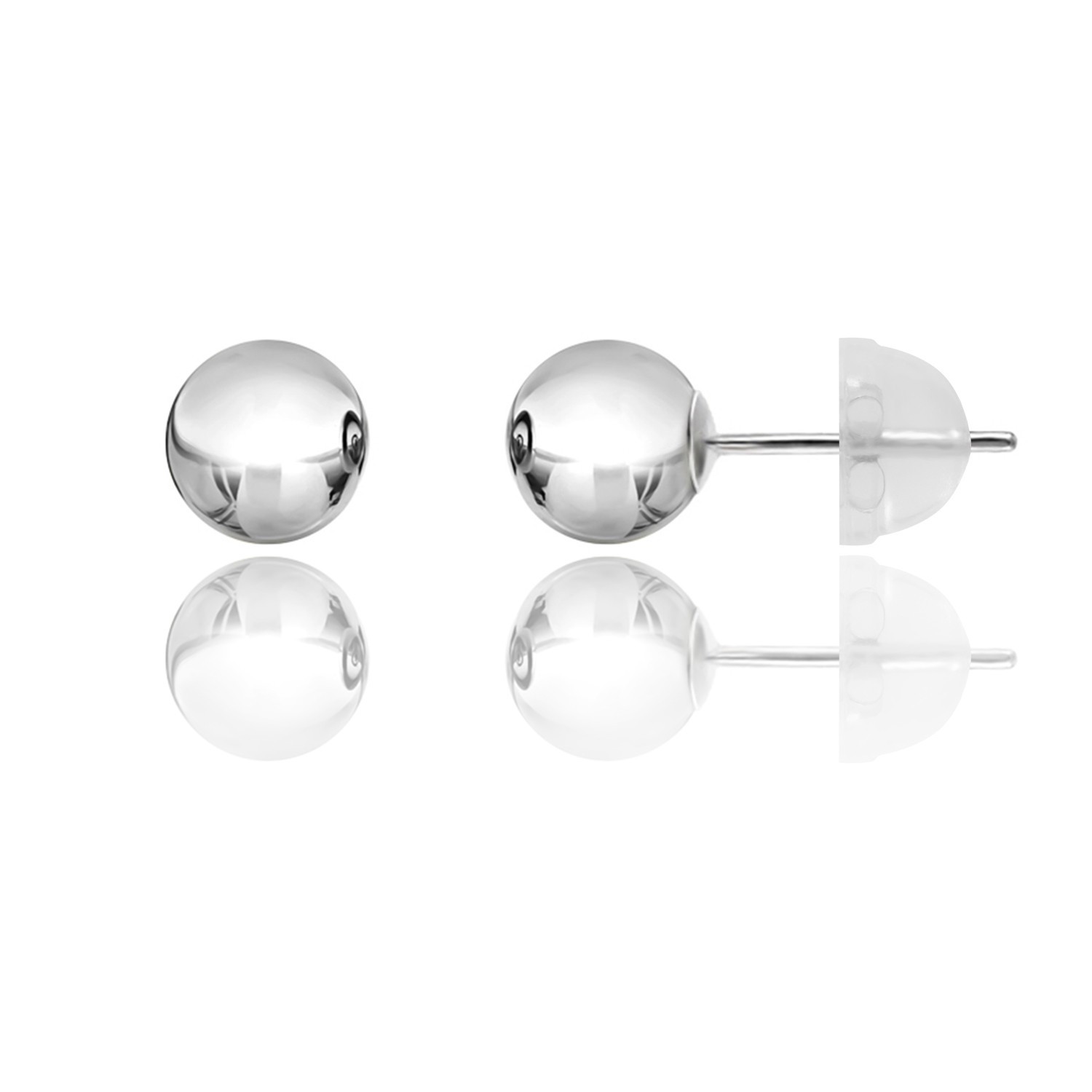 14KT White Gold Ball Stud Earrings 2mm–10mm Silicone Push Back